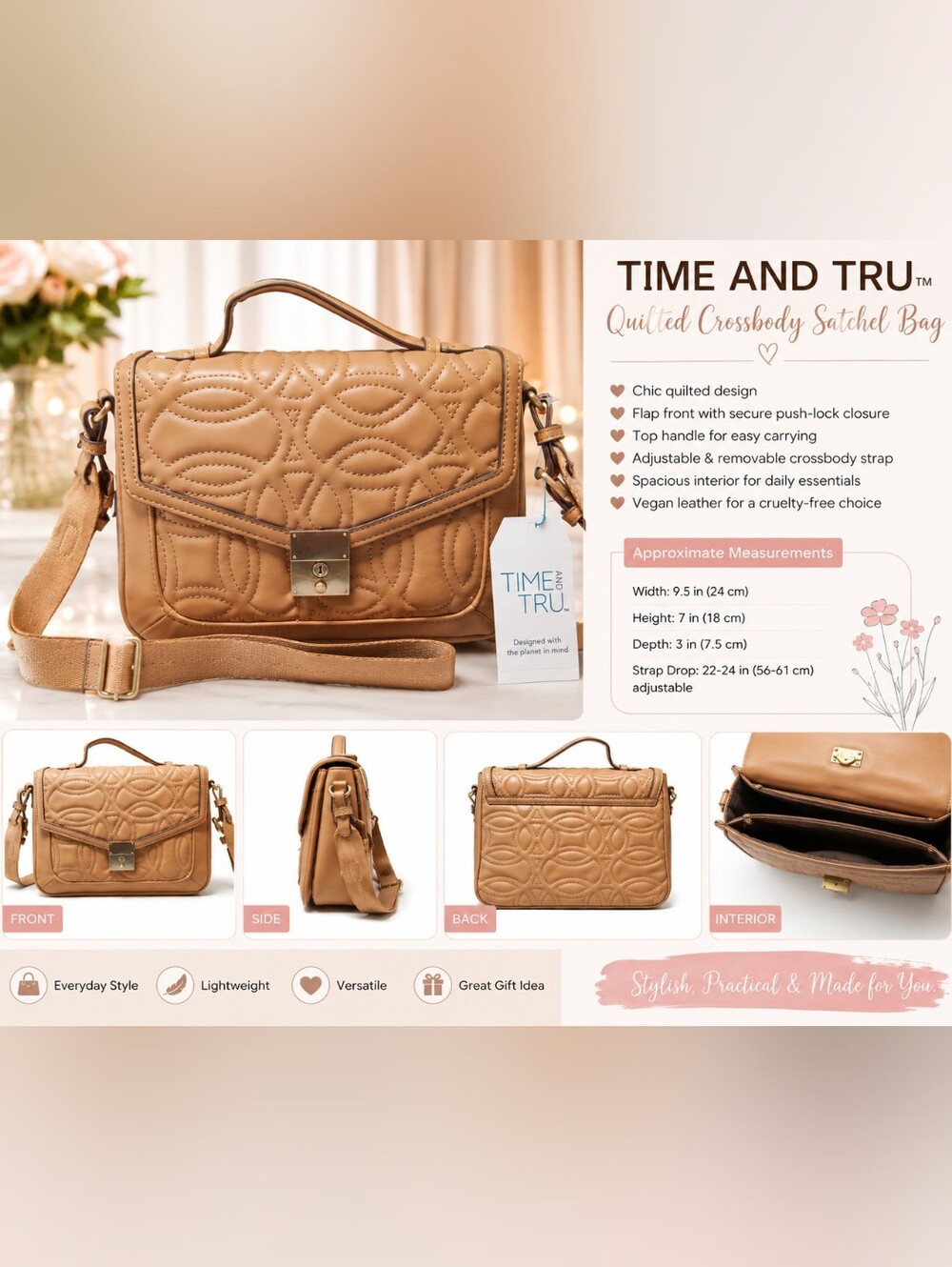 TIME AND TRU QUILTED CROSSBODY SATCHEL BAG - Tan